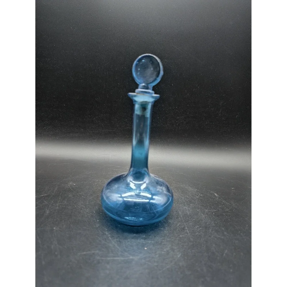 Vintage Blue Glass Decanter with Stopper Made in Japan Mid Century Modern MCM 8